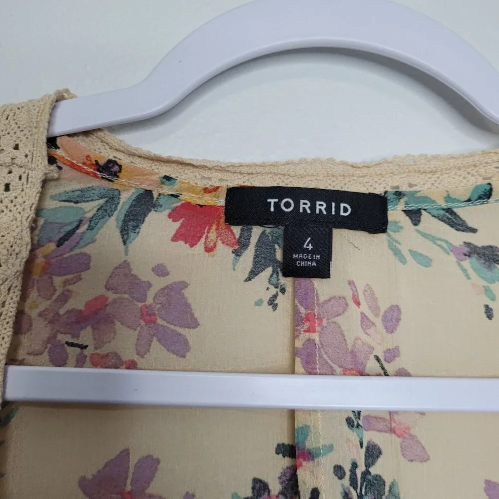 Torrid Ruffle Kimono Chiffon Floral Tan boho cover up beachy vacation size 4x - Picture 6 of 9